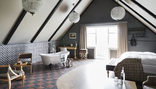 Interior of the Master suite at Skalakot Manor in South Iceland