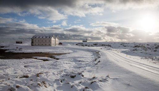 Wintery exterior of Hotel Budir in West Iceland