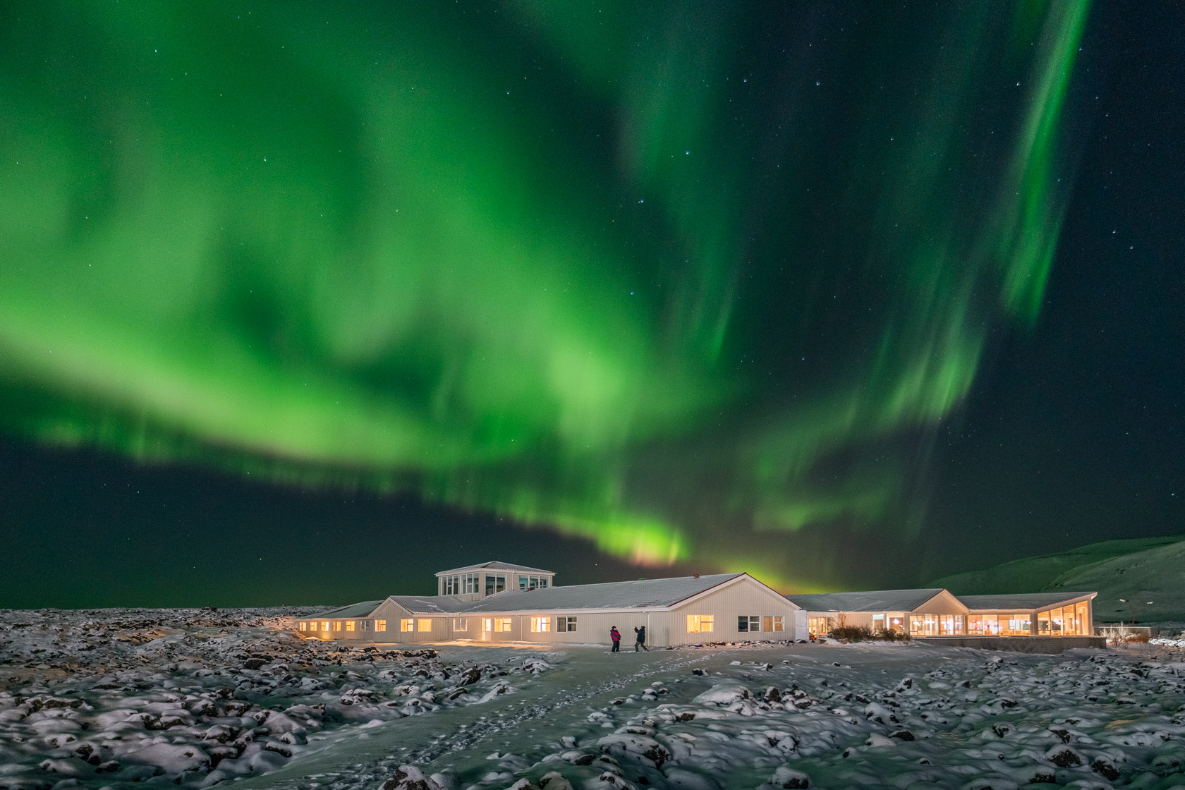 Northern lights over Northern Lights inn in South Iceland